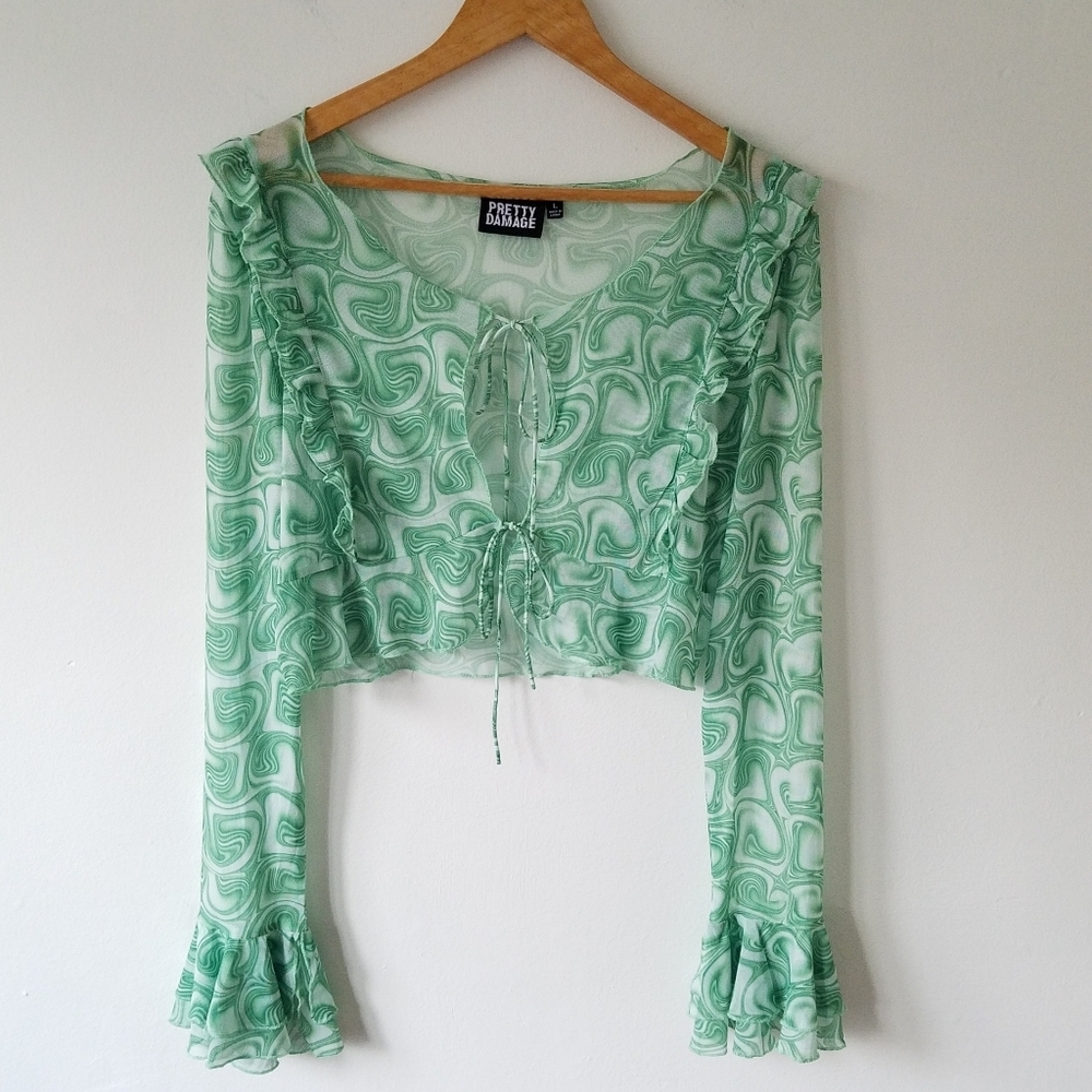 Pretty Damage Sheer Ruffle Tie Front Bell Sleeve Crop Top Women's Size Large